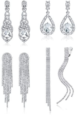 Diamday 4 Paar Ohrclips ohne Ohrlöcher Kristall , Strass-Quasten-Ohrringe, Engelsflügel, funkelnde Ohrringe für Bräute, Brautjungfern, Hochzeit, Abschlussball, Schmuck, nicht durchbohrt