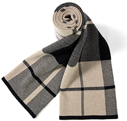 Villand Sciarpa Lavorata a Maglia Scozzese in Lana Merino Australiana per Uomo, Cravatte Calde e Morbide Invernali Scozzesi con Confezione Regalo (A Quadri Grigio Cammello)