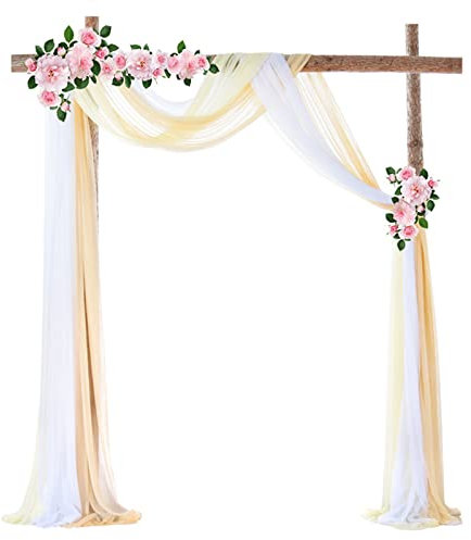 Querbehang Freihanddeko für Hochzeitsbogen & Traubogen Hochtzeit Himmelbett Vorhänge Halbtransparent Vorhang für Party Zeremonie Bühne Empfang Dekorationen (Weiß + Champagner + Beige,70x300cm)