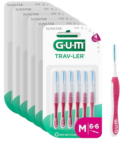 GUM TRAV-LER | scovolini interdentali |per una pulizia accurata tra i denti| impugnatura pieghevole | pulizia dei denti e rimozione della placca |1,4 mm, ISO 4| Taglia M, confezione multipla 6 x 6