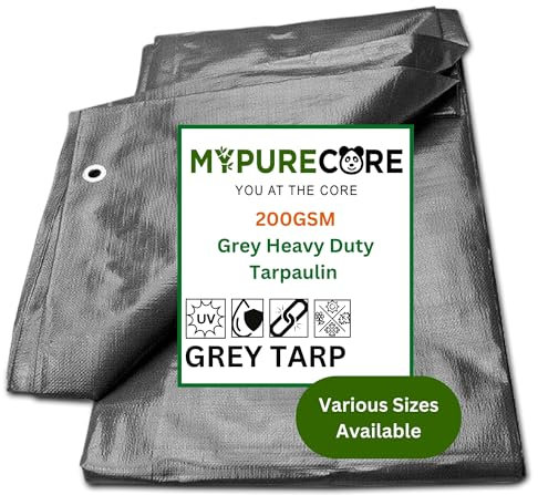 MYPURECORE Grey Tarpaulin – Waterproof & Heavy Duty 200 GSM Tarp – Large, Durable Tarp for Car, Garden, Home – UV, Dust, Rain, Snow Protection – Versatile Groundsheet for Camping & Outdoor (4m x 5m)