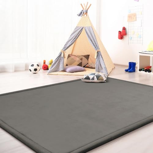 TT Home Krabbelmatte Babyzimmer Teppich Spielmatte Kinder Unifarben rutschfest Flauschig, Farbe: Grau, Größe:100x200 cm