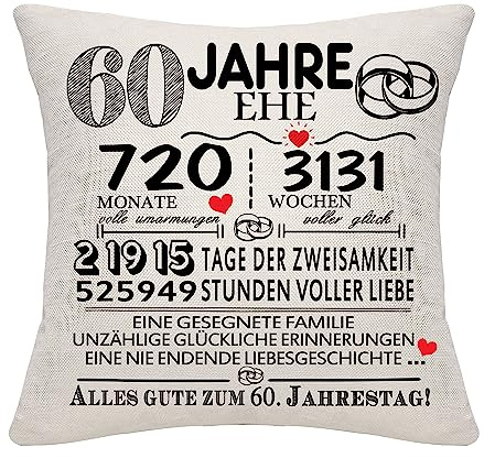 Bommex 60 Jahre Ehe Geschenk 60. Hochzeitstag Kissenbezug Andenken Dekoration Geschenk für Paare Eltern Frauen Männer Mama Papa Ehemann Ehefrau Oma Opa Tante Onkel Freunde (60. Jahrestag)