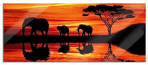 Pixxprint Glasbild Panorama, Wandbild aus Echtglas, Afrika Elefant in Sonnenschein, 120x50 cm, inkl. Aufhängung und Abstandshalter