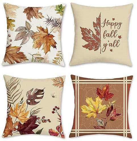 Bonhause Fundas de Cojín Hoja de Arce Otoño 45 x 45 cm Funda de Almohada Hojas de Otoño Poliéster Lino Otoño Cojines Decorativas para Sofá Cama Hogar Jardín Exterior Juego de 4
