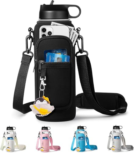 RRegeny Water Bottle Holder with Strap for Hydroflask 32oz 40oz, Carrier Sling Bag with Phone Pocket Sleeve for Men Women Hiking Camping Travelling（black 40oz）