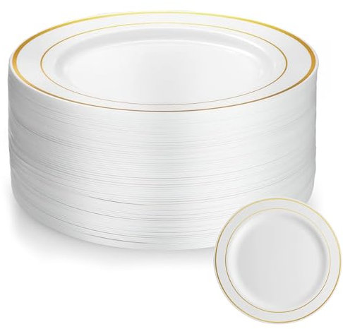 AKOLAFE 50 Pièces Assiette Plastique Reutilisable 20cm Assiette en Plastique Blanche Assiettes Dorées plastique Assiettes plastiques Rigide pour Mariages, Fêtes, Anniversaires, Noël et Baptêmes