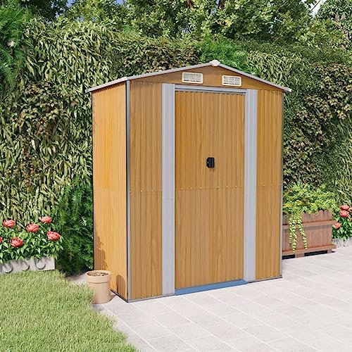 SECOLI Geräteschuppen Klein Metall Gerätehaus Hellbraun 192x108x223 cm Gartenschrank Wetterfest Outdoor Schrank Gartenhütte Terrassenschrank Metall Geräte Schuppen Verzinkter Stahl