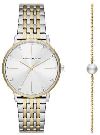 Armani Exchange Set con orologio da donna a tre sfere in acciaio e bracciale, AX7156SET, Set tono argento e tono oro