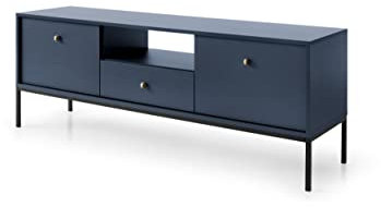 BETTSO - Molly - TV Schrank - TV Ständer - Fernsehschrank mit Schublade, Ablagefach und 2 Türen - Fernsehtisch - Wohnzimmerschrank - Glamour, Matt - Dunkelblau mit Schwarzen Beinen