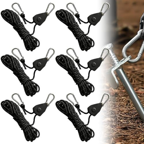 Asfrode 6 Stück 4mm Seil Ratchet Hanger 4M, Einstellbare Seilhaken Seilratsche,1/8 Zoll Seilaufhänger Reflektierend Abspannseile Leichte Abspannleine Zeltschnur mit Spanner für Zelt Zeltplane Camping