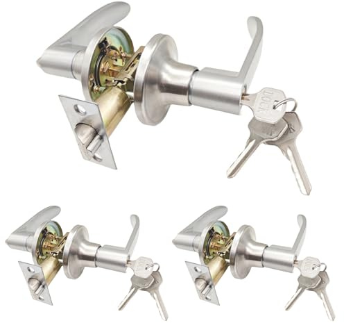TKSDVTI Poignée de porte intérieure avec clés - Serrure de porte intérieure silencieuse avec clés - Poignée de porte verrouillable pour chambre à coucher, salle de bain (3 x argent, 30 mm-50 mm)