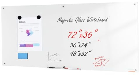 VEVOR Magnetic Glass Whiteboard, Dry Erase Board 72x36, Wall-Mounted Large White Glassboard Frameless, with Marker Tray, an Eraser and 2 Markers, White