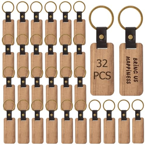 WIYETY 32 Stück Holz Schlüsselanhänger: Buche Mit Ring, Wooden Keychain Rechteckig, Blanko für Malerei Dekoration Geschenke