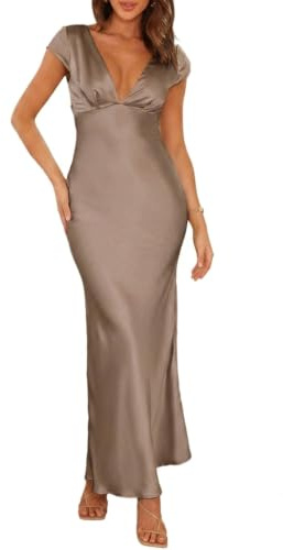 Halfisland - Lång satinklänning för kvinnor, sommar, V-ringad, cap ärm, rygglös, elegant, maxi draperad, midilång, bröllopsgästklänning