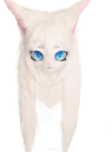 WLYEZAU Fursuit Tierkopfbedeckung, Realistische Glasaugen Anime Kopfbedeckung, KIG Furry Halloween Maskerade Party Requisiten(White)