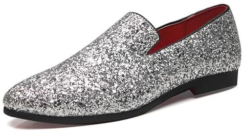Ninepointninetynine Mocassini da uomo a punta in pelle PU lucida scarpe da fumo, comode, leggere, antiscivolo, per passeggiate e balli studenteschi, Argento, 39 1/3 EU