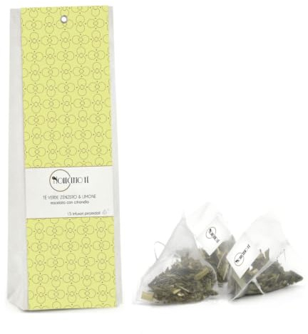 Novecento Tè® | Tè Verde Zenzero Limone | Tè Verde Zenzero Limone Citronella - 15 Infusori Piramide | Infuso Digestivo Frutta Spezie