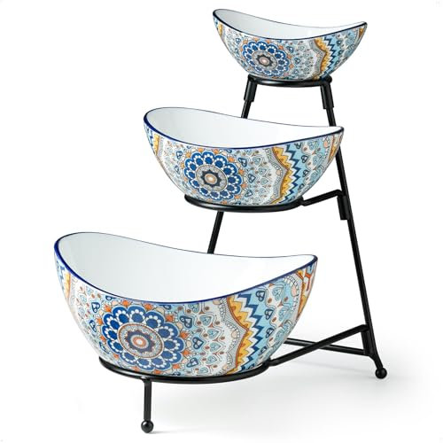 YHOSSEUN 3 Tier Serving Bowls, Serving Dishes for Entertaining Porcelain Serving Bowl Set with Collapsible Thicker Sturdier Metal Rack