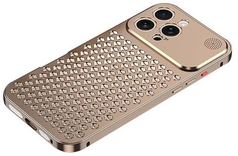 Métal Coque pour IPhone 16 Pro Max/16 Pro, Coque Ultra-Mince avec Protection De Caméra, Aromathérapie Intégrable Dissipation Thermique Respirante Coque(Gold,16 Pro)