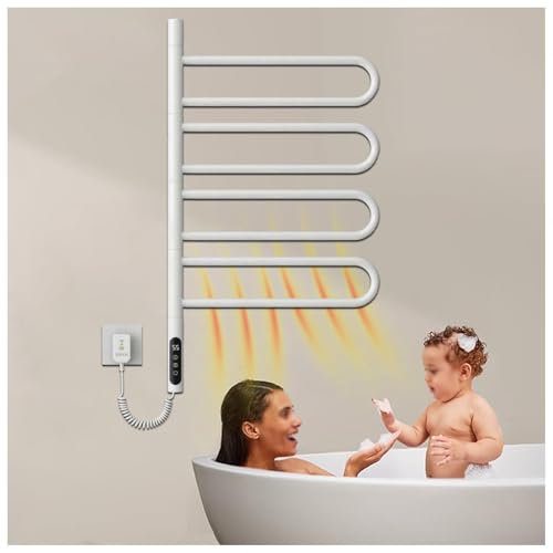 Scaldasalviette Elettrico Girevole a 180°, Portasciugamani Riscaldato da Terra con Timer, Display LED, Controllo della Temperatura Costante, Timer per Scaldasalviette Plug-in/Cablato, Nero (Bianco)