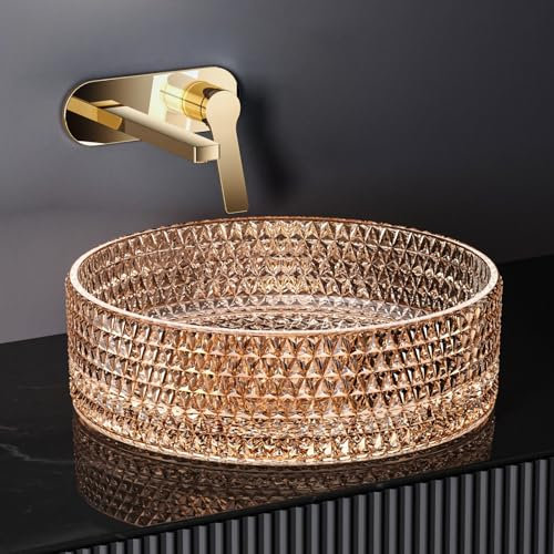 EMKE Lavabo da montare in vetro, lavandino rotondo, 360 x 360 x 112 mm, lavabo di alta qualità per bagno e WC ospiti, lavabo in vetro rosa dorato