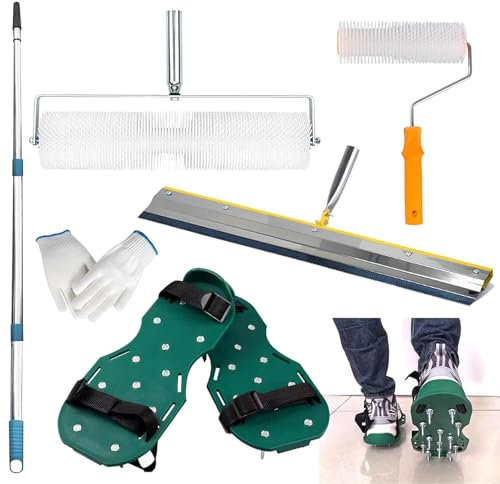 Kit de Ciment Autonivelant, Outil Ciment avec 2 Rouleaux Aération 23cm + 48cm Raclette Grande Surface 56cm Chaussures à Clous Longueur de Pointe 3cm et Tige Longue 139cm pour Niveler le Sol Composé