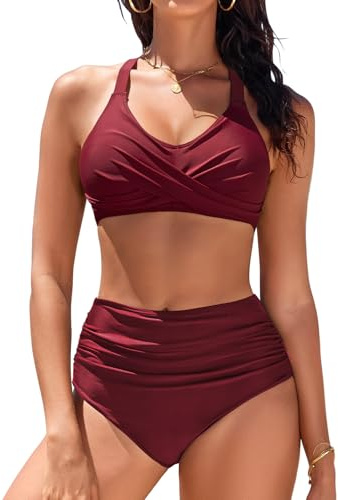 Heekpek Conjunto Bikini Mujer Push Up Bañador Reductores Barriga Cintura Alta Cuello en V Cruzado Delantero Dos Piezas