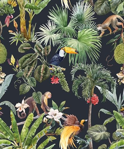 SOEWIOU Tapete zum Abziehen und Aufkleben, 44,5 x 600 cm, tropischer Dschungel, Palme, grüne Tapete, Tiere, Kontaktpapier, Aquarell, Blumenwandpapier für Schlafzimmer