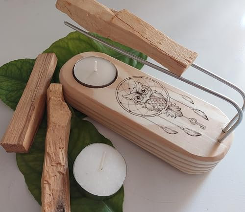 Quemador de Palo Santo e Incienso Doble con Diseño de Búho y Atrapasueños, Set con 2 Velas y 3 Palos Santos, Varillas metalicas, Especial Atados y Palo Santo