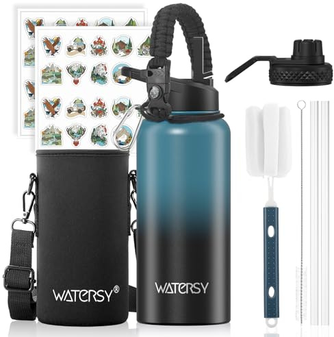 WATERSY Stainless Steel Vacuum Insulated Water Bottle 32oz, Drink Flask Metal Water Bottles 946ml with 2 Lids Leakproof (Straw Lid and Spout Lid) Keep 48 Hours Cold Drinks for Sport, Work, Travel