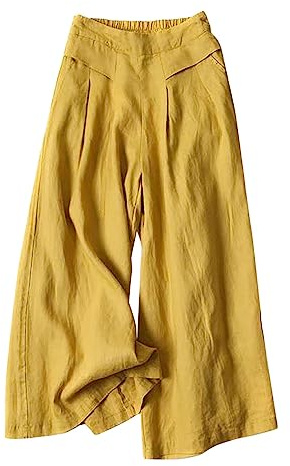 3/4 Leinenhose Damen High Waist Sommer Baumwolle-Sommerhosen Leicht 7/8 Oversize-Große Größen Leinen Hose Palazzo Caprihose mit Taschen Freizeithose Weite Hose Wide Leg Hose Bequeme Stoffhose