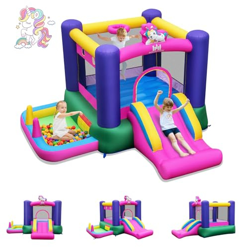 GOPLUS Château Gonflable Extérieur Intérieur Licorne pour Enfants avec Toboggan, Piscine à Balles, Panier de Basket, 2 Anneaux, Aire de Jeux pour Enfants de 3-12 Ans (Licorne)
