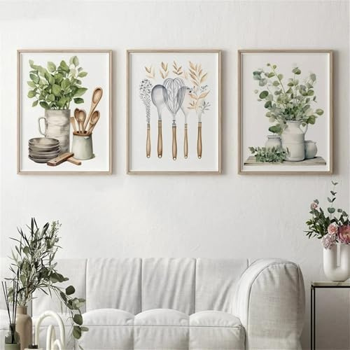 Generisch 3 Stück Botanische Küche Wandbilder, Grün Eukalyptus Blätter Wand Kunstdrucke, Boho Pflanzen Leinwand Bilder für Küche Esszimmer Dekor(ohne Rahmen) (40×50)