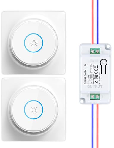 HYHIOTS Va et Vient Sans Fil, Interrupteur Sans Fil Sans Pile, RF433 Kit Interrupteur Connecté à rebond Télécommande Émetteur-Récepteur 240V 10A (2 Interrupteurs 1 Récepteur)