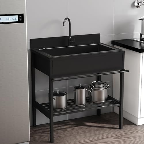 MTSYXYM Outdoor Waschbecken Mobiles Waschbecken mit Lagerregal mit Wasserhahn und Abtropfset, Design mit erhöhter Rückenlehne, für Garage, Innenküche, Keller, Gewerbe.(60 * 51 * 94cm)