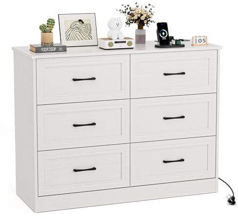 BonVache Kommode mit Steckdosen, Komode mit 6 schubladen, 2 USB & 2 AC-Anschlüssen, Komodenschrank Holz, für Schlafzimmer, Wohnzimmer, Flur, 106 x 81.5 x 39 cm, Weiß