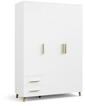 Rauch Möbel Shinjo, Kleiderschrank, Farbe Weiß, Breite 140 cm | Schrank, 3-türig, 2 Schubladen, mit Griffen und Füßen aus Massivholz, Zubehör Basic, für Schlafzimmer, Babyzimmer