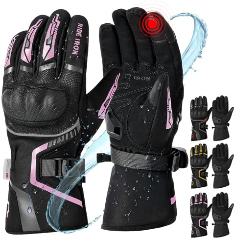 RIDEIRON Motorradhandschuhe Winter Herren Damen,Winddicht Leicht und Warm Touchscreen Handschuhe für Motorrad, Wandern und andere Outdoor Sportarten,Rosa,L
