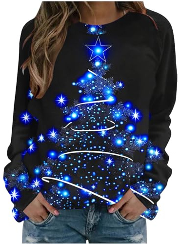 AnnSemo Women's Christmas Tops Xmas Tree Print Ladies Tops Funny Christmas T Shirts for Women UK Classic Long Sleeve Crew Neck Pullover Loose Xmas Tshirt