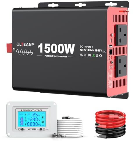 OLTEANP 1500W Pure Sine Wave Inverter, 12V DC to 240V AC Power Inverter with 2 AC Outlets, USB Port, Type-C Port for Truck, Vehicle, Power Outage, Remote Control with LCD Screen