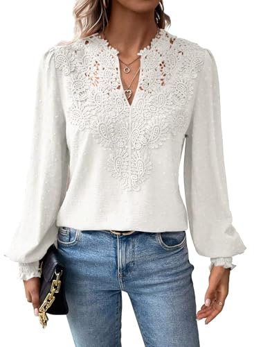 TUUHAW Camisetas Manga Larga Mujer V-Cuello Volantes Blusa Boho Otoño Camiseta Suelto Casual Elegante Túnica Encaje Tops Plisada Color Sólido Ligera Patrón de Moda Holgadas Invierno Ropa Blanco L