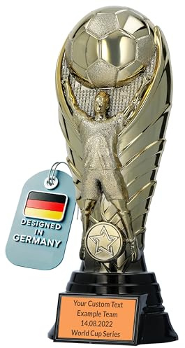 Larius Premium Fußball Pokal 19/22 / 25 cm (Gewicht: bis 1,2 kg) – schwere Trophäe in Gold mit/ohne Wunschgravur | Edler Siegerpokal für Champions, Turniere & Vereine – F1