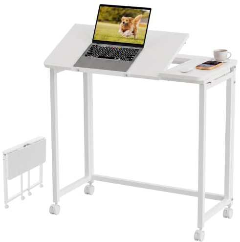 GreenForest Folding Desk with Wheels, 31.5 Inch Adjustable Tilt Drafting Table, Portable Rolling Foldable Desk for Small Space, Home Office, Drawing & Craft Workstation, White