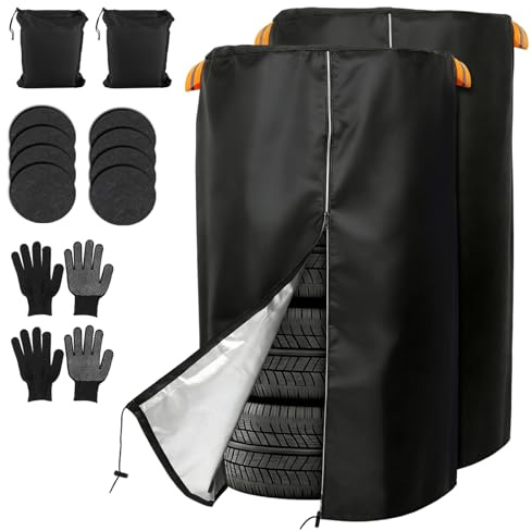 2PCS Tire Storage Bag, 420D Oxford Waterproof Tire Cover with Zipper, Reflective Handle, Tire Cover with Felt Pads & Gloves, Dirt Resistant for Indoor Outdoor Use (33 * 47.2 Inch)