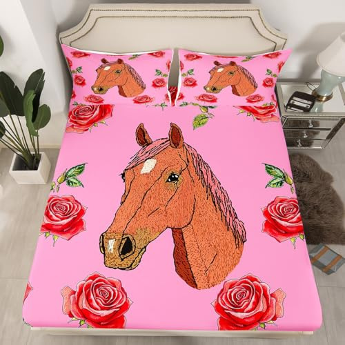 Homewish Juego de ropa de cama con diseño floral de caballo, sábana bajera ajustable con estampado de animales salvajes, ropa de cama romántica para decoración de habitación, 2 piezas