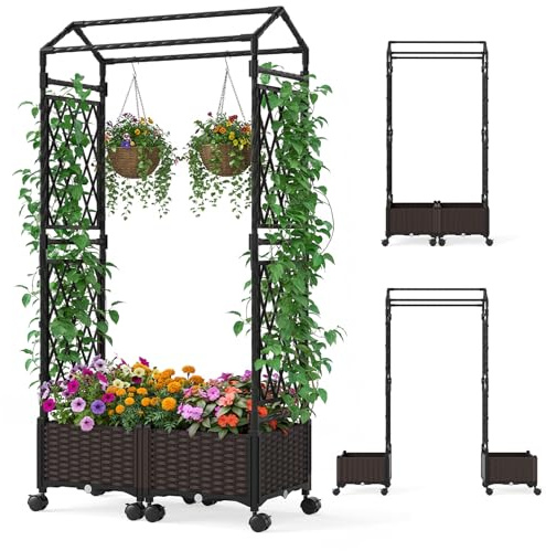 COSTWAY Fioriera Rialzata da Giardino con Grigliato, Tetto, Ruote Bloccabili e Irrigazione Automatica, Letto da Giardino Rialzato Alto in Rattan Impermeabile per Piante Rampicanti (Grigio)
