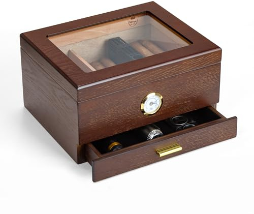 Slege Humidificador de puros, caja de puros para puros cubanos, cajón de almacenamiento y humidificador con tapa de cristal de cedro español, humidificador, divisor, higrómetro, accesorios para puros