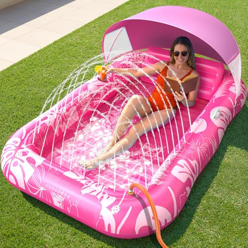 Inflatable Tanning Pool Lounger Float with Sprinkler & Canopy UPF50+, 77 x 48 Extra Large Tanning Pool Float for Adults, Sunbathing Water Lounge Bed with Pillow & Cup Holder for Backyard & Pool