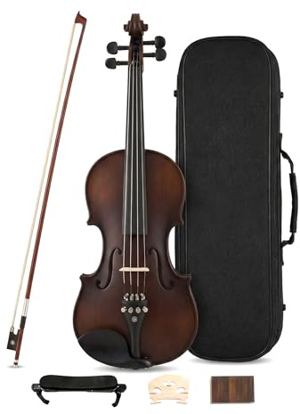 Violine 4/4, Handgefertigt aus Massiv-Fichten- & Ahornholz mit Ebenholz-Griffbrett - Komplettset mit Hartschalenkoffer, Bogen & Zubehör für Anfänger und Fortgeschrittene